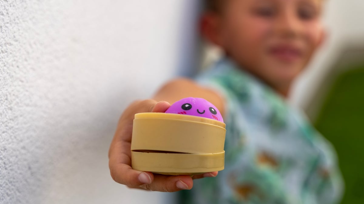 Child holding a cute dumpling squishy with a smiling character inside